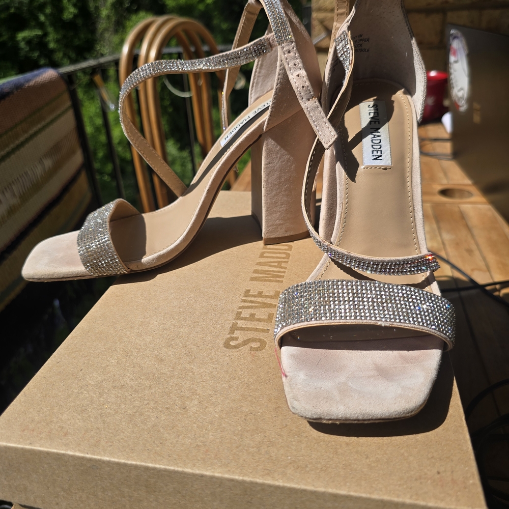 Steve Madden Tan Heels with Rhinestone Embellishments